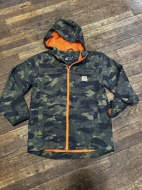Carhartt Youth Med 10-12 Rain Wind Breaker Camo Orange Mesh Liner Ripstop